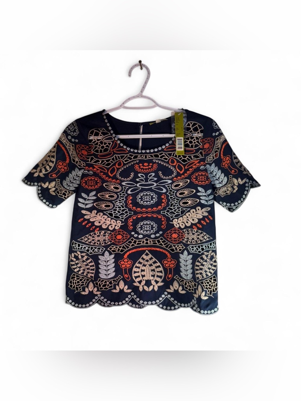 Gianni Bini Navy Floral Embroidered Short Sleeve Top